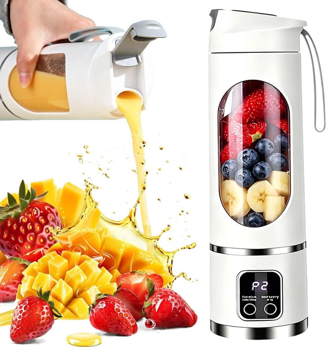 SnelShoppen - Draagbare Blender Smoothie Maker To Go 450 ml - USB Oplaadbare Mini Mixer van Glas met 12 Messen en LED-Display - Ideaal voor Shakes, Mi