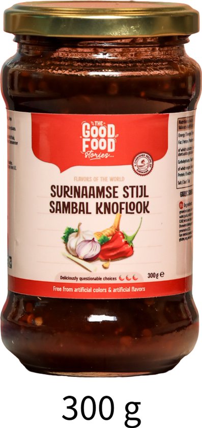 Pot Surinaamse stijl sambal knoflook (300g), met ingrediënten en voedingswaarden op het etiket.
