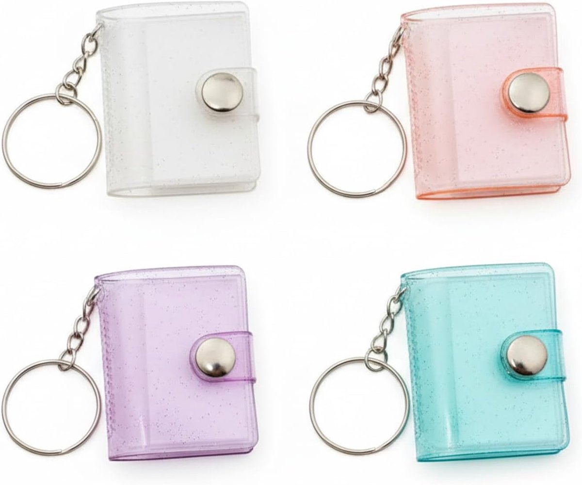 SnelShoppen - 4 Stuks Mini Foto Album Keychain, 5 Inch Compact Fotoalbums met 24 Compartimenten, Kleurrijke Blauw, Paars, Roze, Wit, Perfect voor Heri