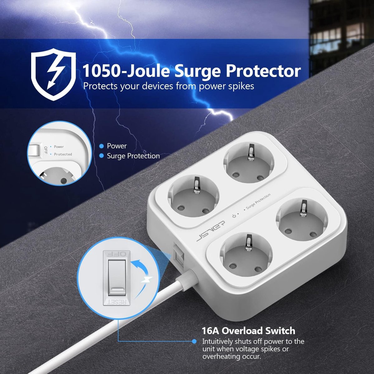 SnelShoppen - Wandcontactdoos met 4 USB Poorten, 6-Wegs Stekkerdoos met Schakelaar en Overspanningsbeveiliging, 3680W 16A, 1.8M Wit, Compact en Draagb