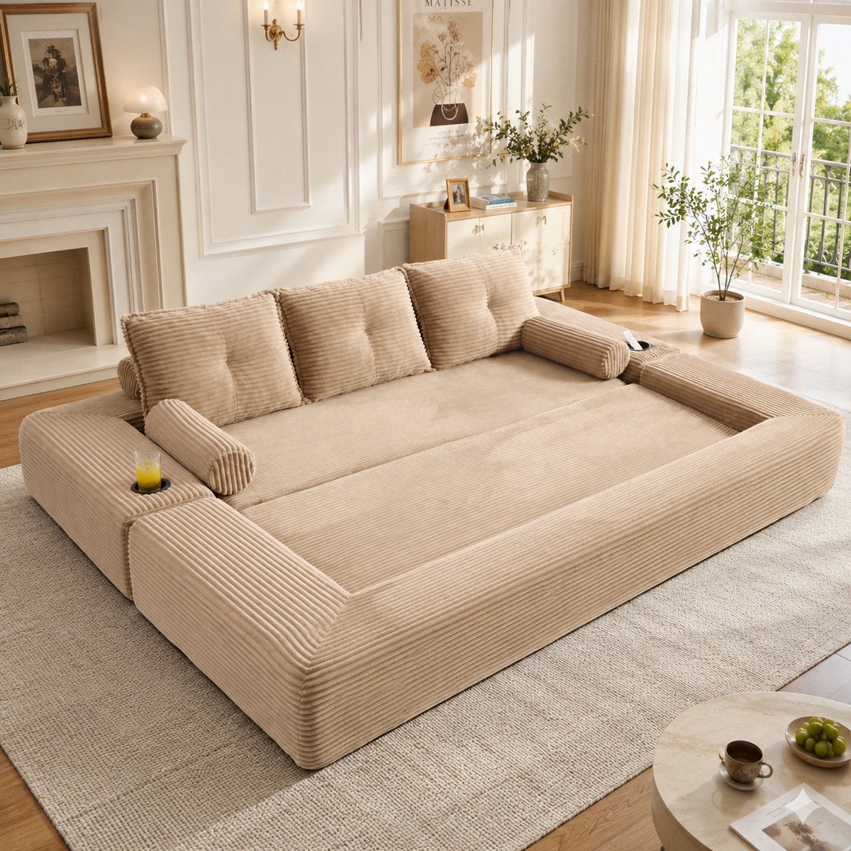 STILVORA Slaapbank 232 x 98 x 80 cm - 3-Zits Uitklapbare Bank Met Bekerhouder En Zijvakken - Voor Woonkamer En Logeerkamer - Cordstof Khaki