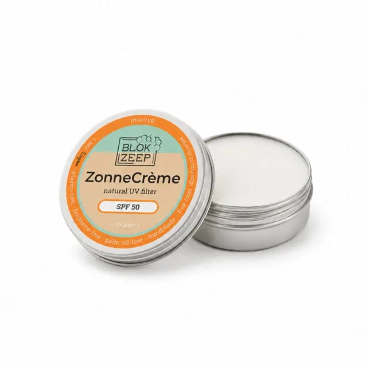 Blokzeep ZonneCrème - SPF 50 55 gram - plasticvrij, dierproefvrij, vegan, koraalrifvriendelijke formule, geschikt voor gevoelige huid