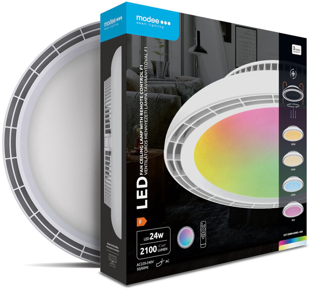 Modee Plafondventilator met LED Lamp 65W - 2100lm - Instelbare Lichtkleur - Ø450mm - Met Afstandsbediening - Wit
