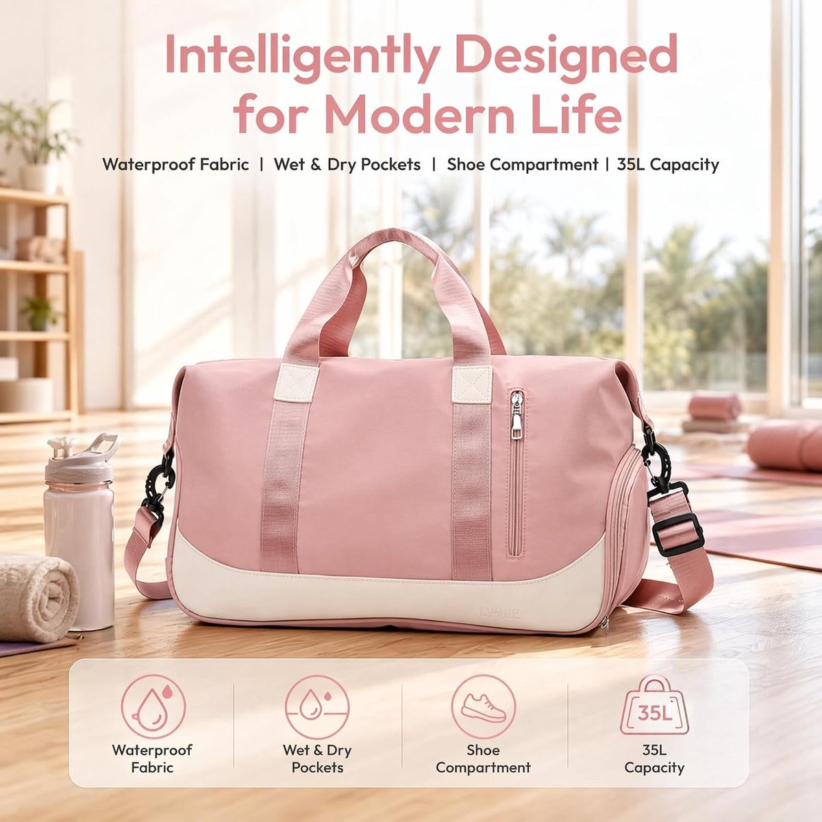 Duurzame sporttas voor heren en dames, ideaal voor yoga, reizen en training, met waterdichte compartimenten en schoenenvak, lichtroze duffelbag voor gym en weekenduitjes