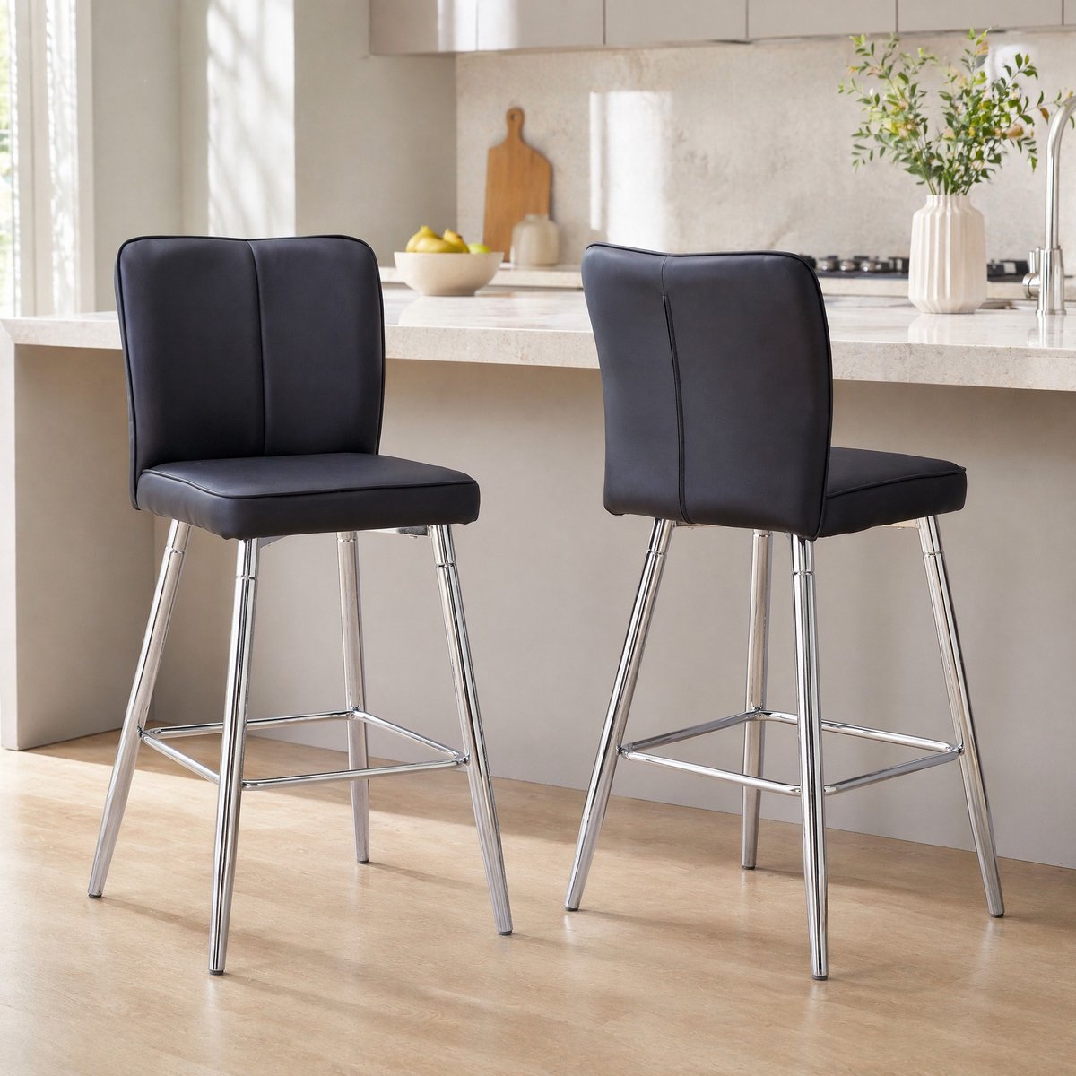 DESMIU Barkruk 101 Cm - Set Van 2 Met Ergonomische Rugleuning En Voetsteun - Voor Bar En Hoge Tafel - Kunstleer En Metaal - Zwart Zilver