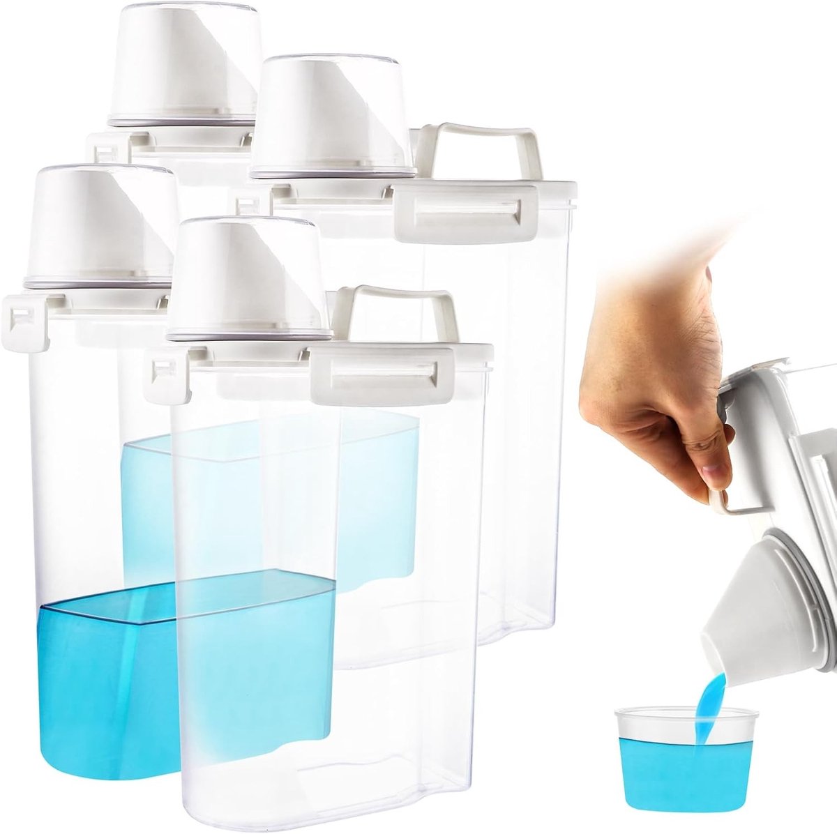 Set van 4 luchtdichte wasmiddeldispensers voor vloeibaar wasmiddel, 2500 ml, ideaal voor wasmiddelopslag en maatbekergebruik