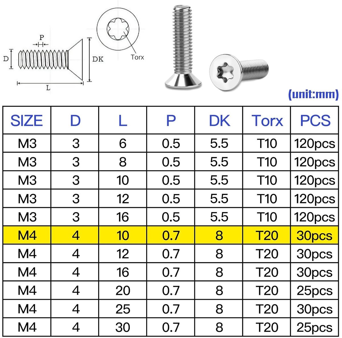 Set van 30 verzonken schroeven M4 x 10 mm, roestvrij staal A2, Torx en zeskantkop, ideaal voor houtbewerking