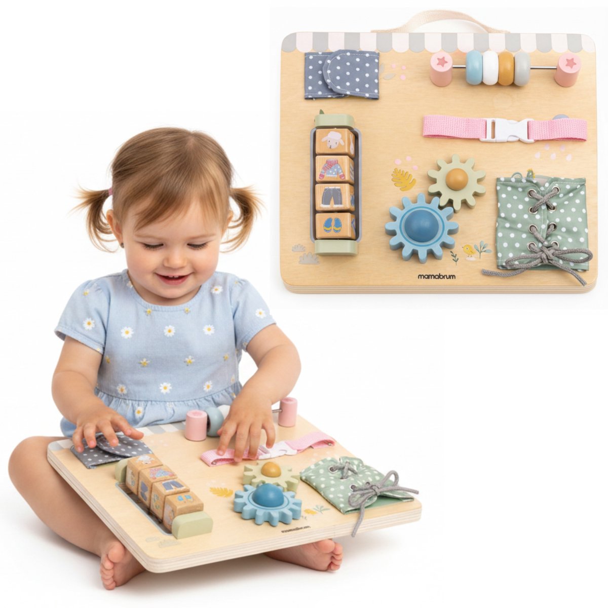 Mamabrum Montessori Busy Board Houten Activiteitenbord - Motoriekbord met Tandwielen, Veters, Gespen & Kralen - Vanaf 18 Maanden