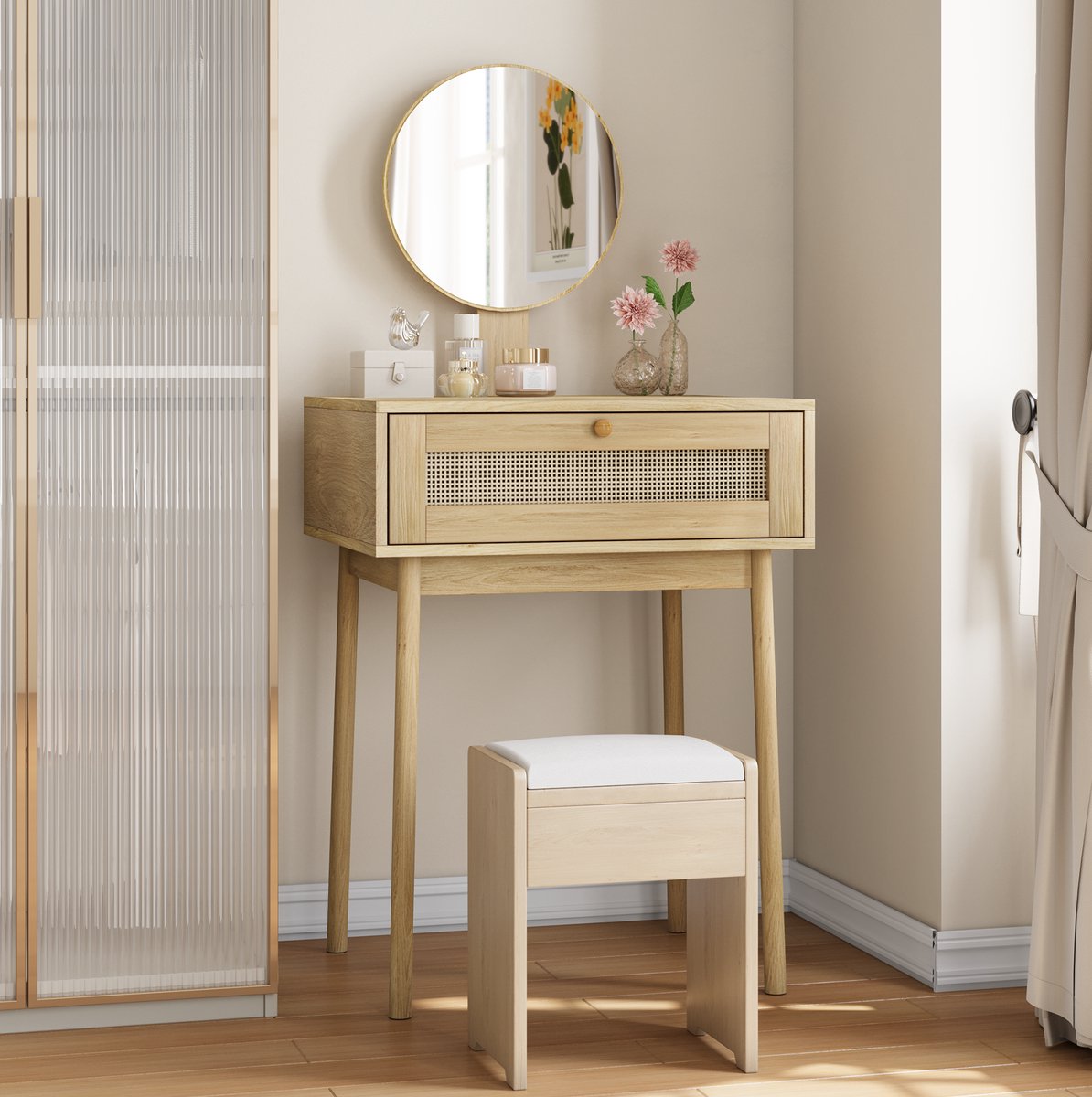 OKWISH Kaptafel - Met Spiegel En 1 Lade - Compact Voor Slaapkamer En Kleine Ruimtes - Bohemian Stijl - Eikenkleur - 60x50x128 cm