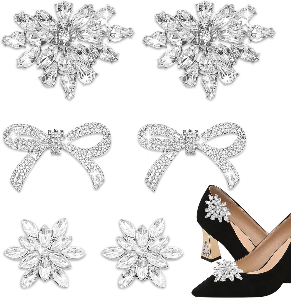 Elegante Strik Schoenclips, 6 Stuks Afneembare Strass Schoenaccessoires voor Hakken, Sandalen en Pumps voor Bruiloften en Feestjes