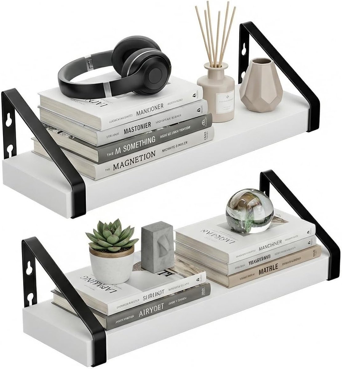 Rustieke zwevende wandplank van hout, vintage stijl, set van 2 voor slaapkamer, woonkamer en keuken, 40 cm, wit en functioneel