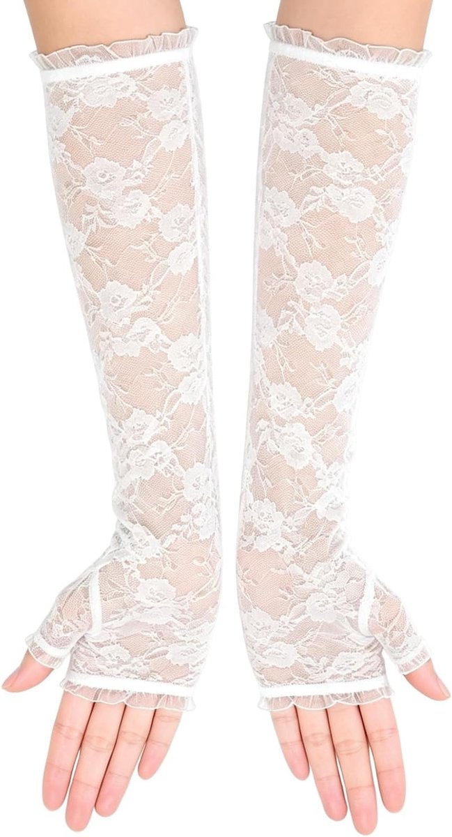 Elegante Vingerloze Lange Witte Kant Handschoenen voor Dames | Perfect voor Bruiloft, Opera en Feestjes met Bloemenpatroon