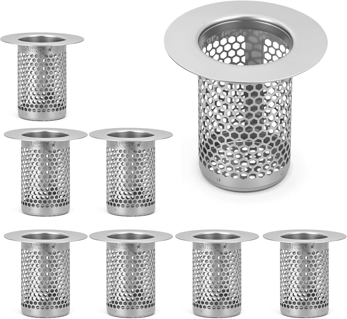 Fijngaas Gootsteenstop RVS 304 - Set van 8 Standaard 5,5×5 cm Waskomstop voor Keuken en Badkamer, Duurzame Sanitair Accessoires en Efficiënte Afvoeroplossingen