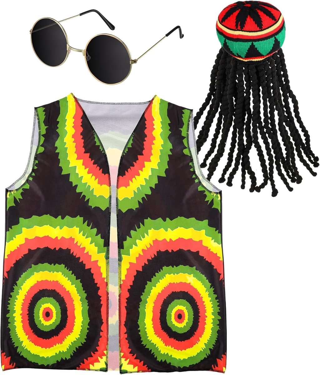 3-delige Hippie Kostuum Accessoires Set met Dreadlocks Perücke, Unisex Vest en Zonnebril voor Feestjes en Cosplay, Multi-kleurige Opties