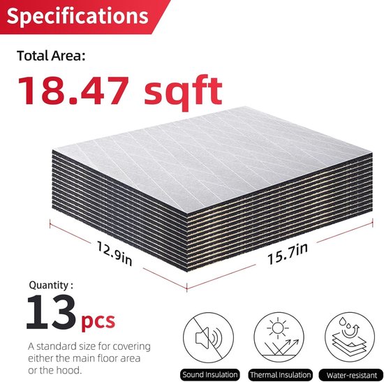13-delige set 8mm geluidsisolatie matten van aluminium folie voor auto - Zelfklevende isolatiematten - Geluidsdemping en warmte-isolatie (1,68 m²) — afbeelding 5