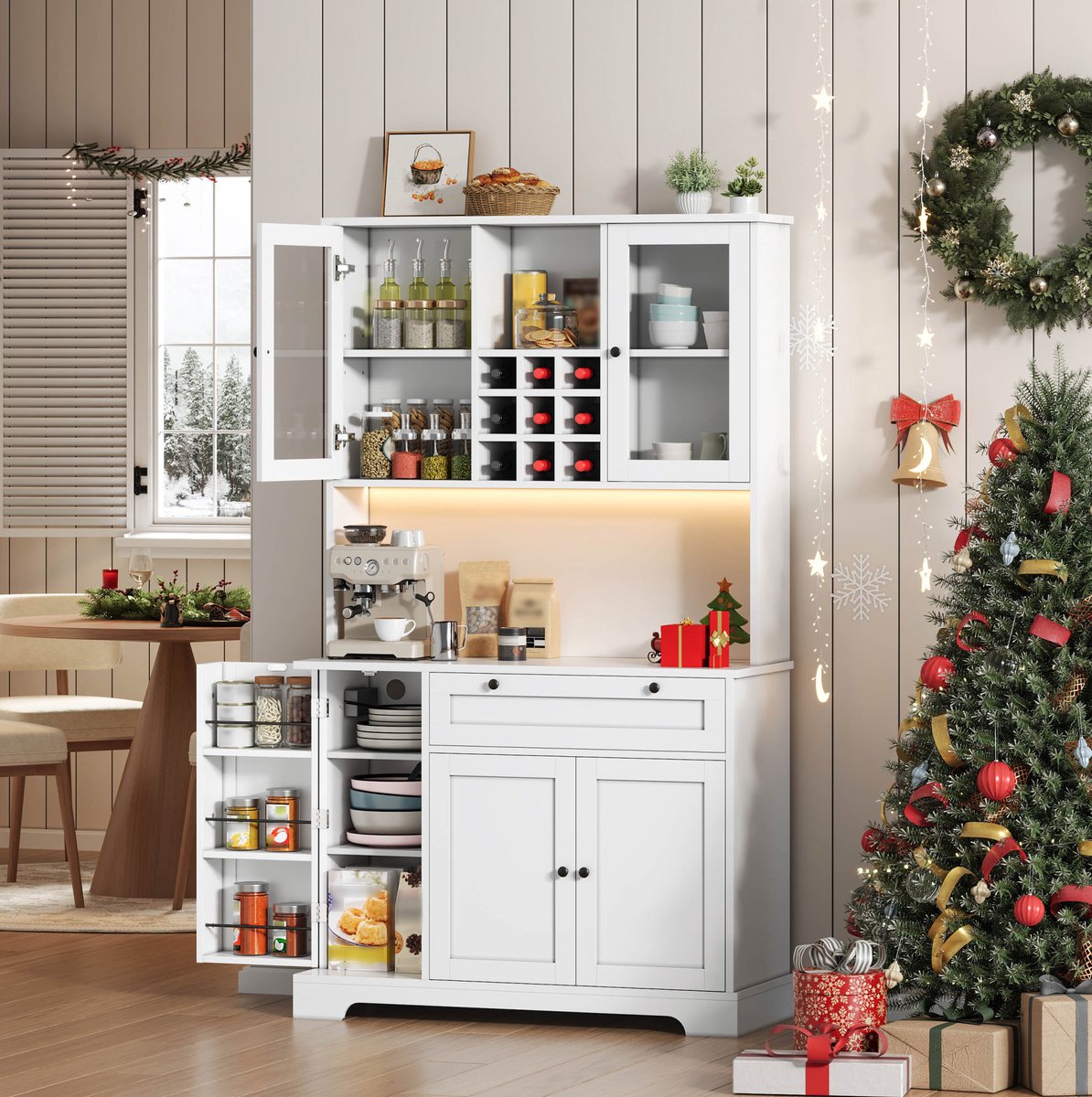 COVREO Keukenkast 105 x 40 x 180 cm - wit, met LED-verlichting, stopcontact en verstelbare planken