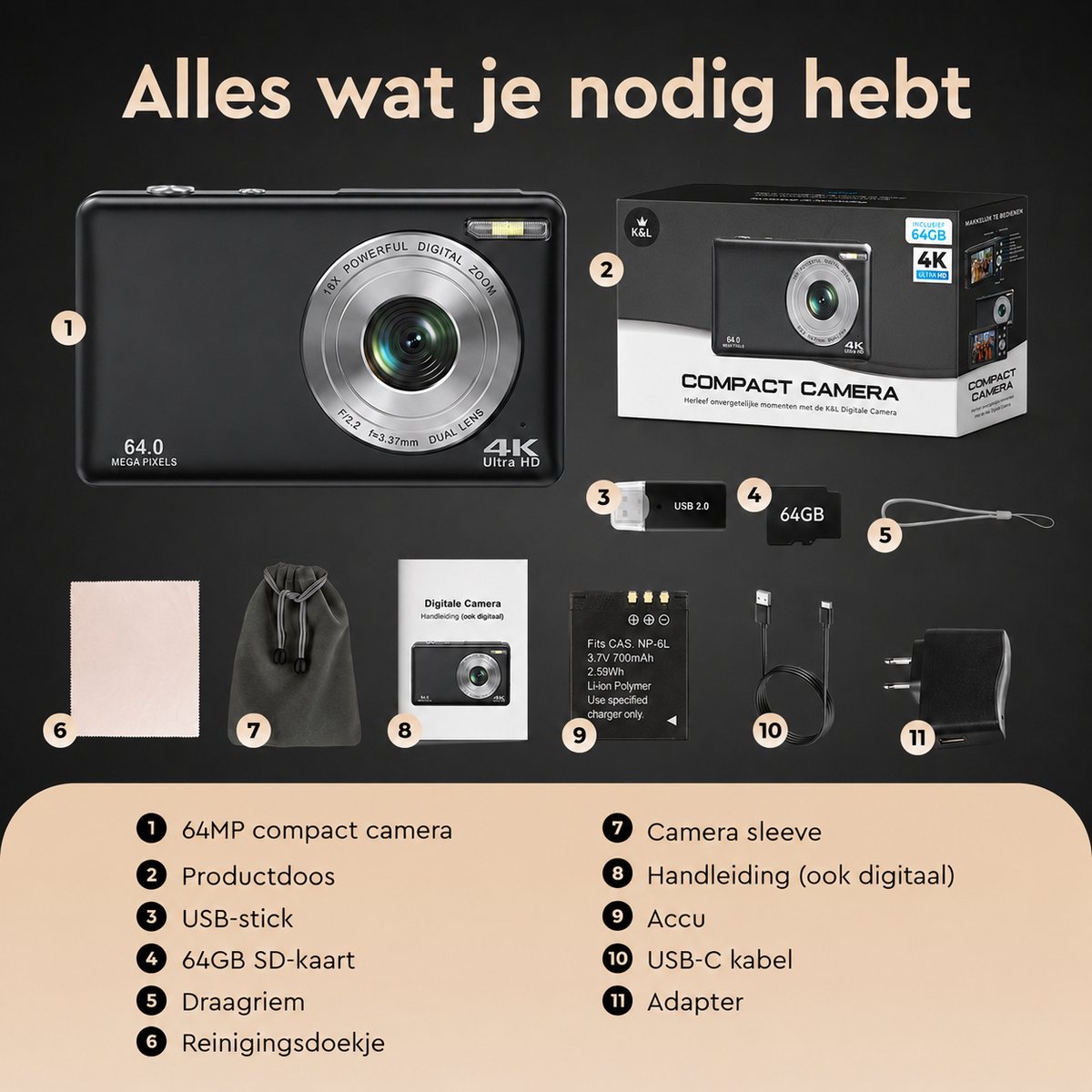 K&L KL-4K-64-B compactcamera met dubbele lens thumbnail 6
