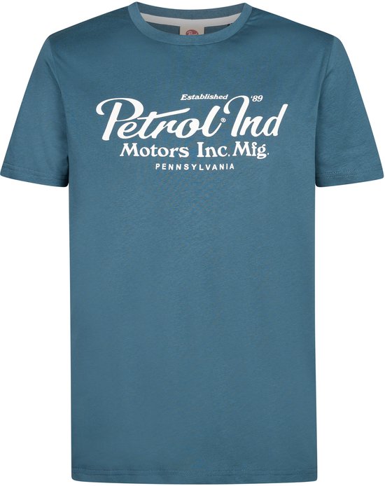 Blauw T-shirt van Petrol Industries met witte opdruk 'Petrol Ind Motors Inc. Mfg. PENNSYLVANIA'