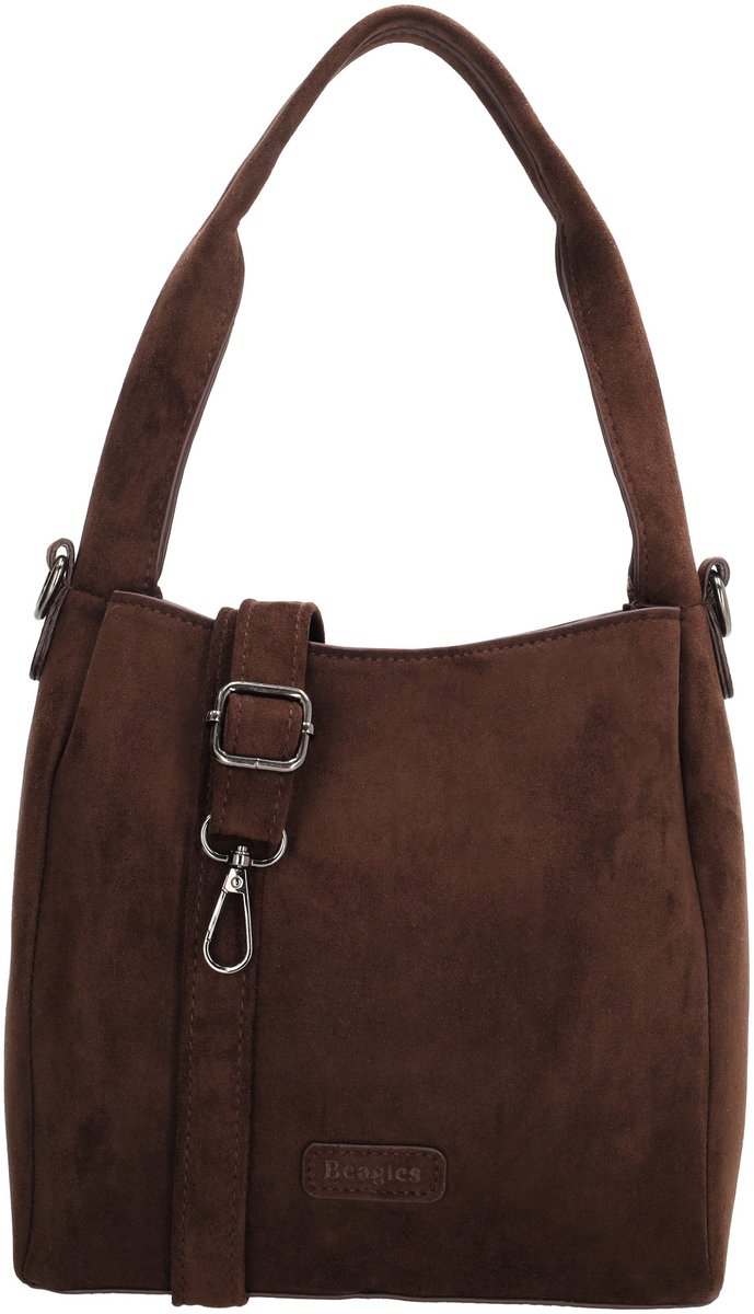 Beagles Ako Handtas - Schoudertas - Faux Suede - Crossbody - Dames Tas - Afneembare Schouderband - Ritssluiting - Donkerbruin
