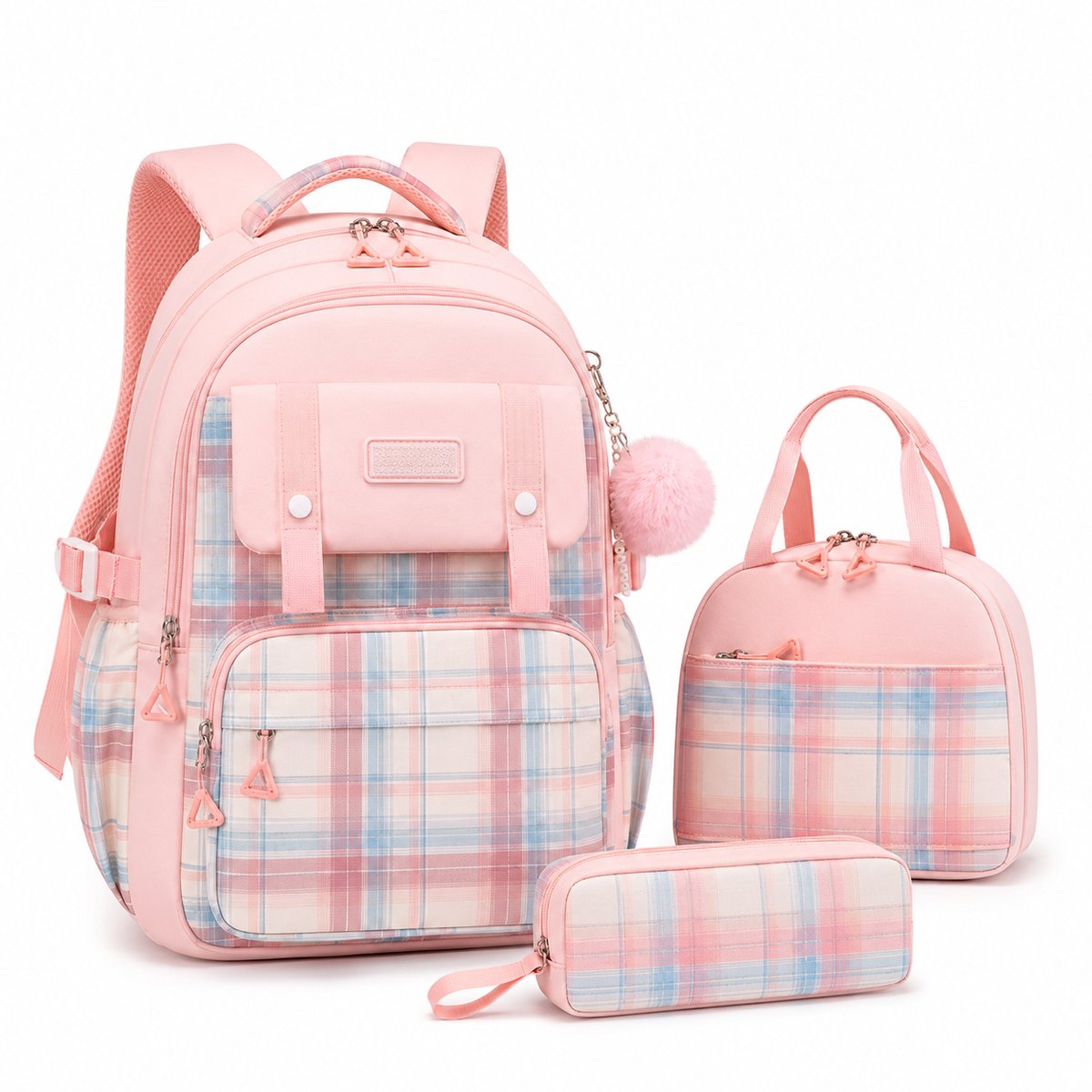 VHV - Schoolrugzak voor meisjes - 3-delige set met geïsoleerde lunchtas en etui - 21L - Roze