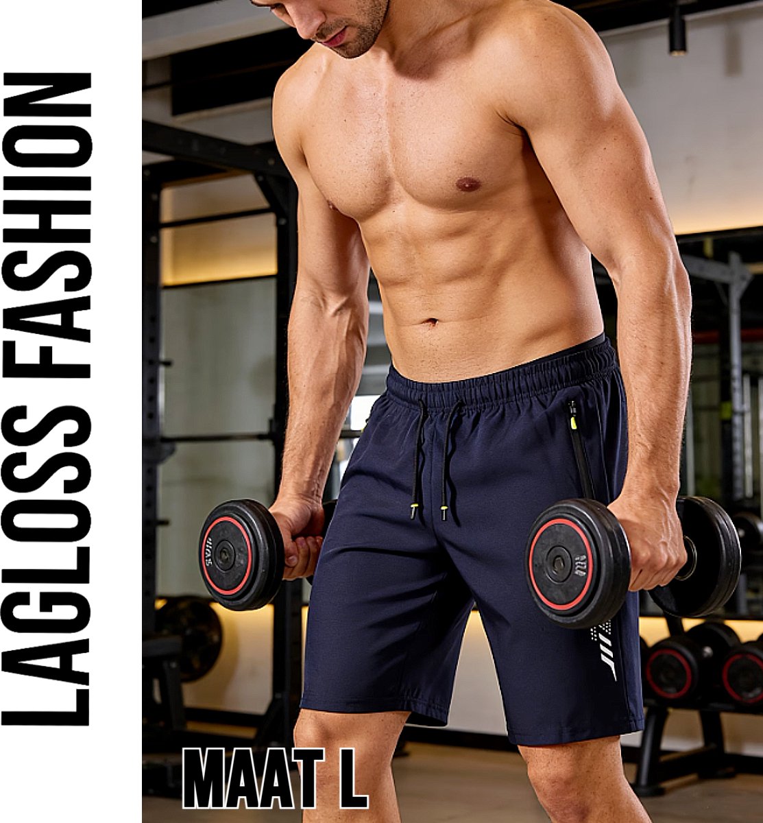 LaGloss® Heren Zwemshort Sportshort Sneldrogend Marineblauw – met Ritszakken & Trekkoord – Zomermode – Sportmode – Maat L
