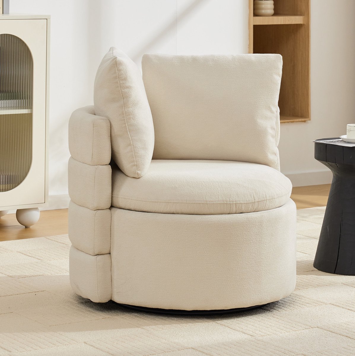 FloraGrace Fauteuil 1 Zits 360 Graden Draaibaar Met Verborgen Opbergruimte En Gevoerde Rugleuning Voor Woonkamer En Leeshoek Chenille Ivory
