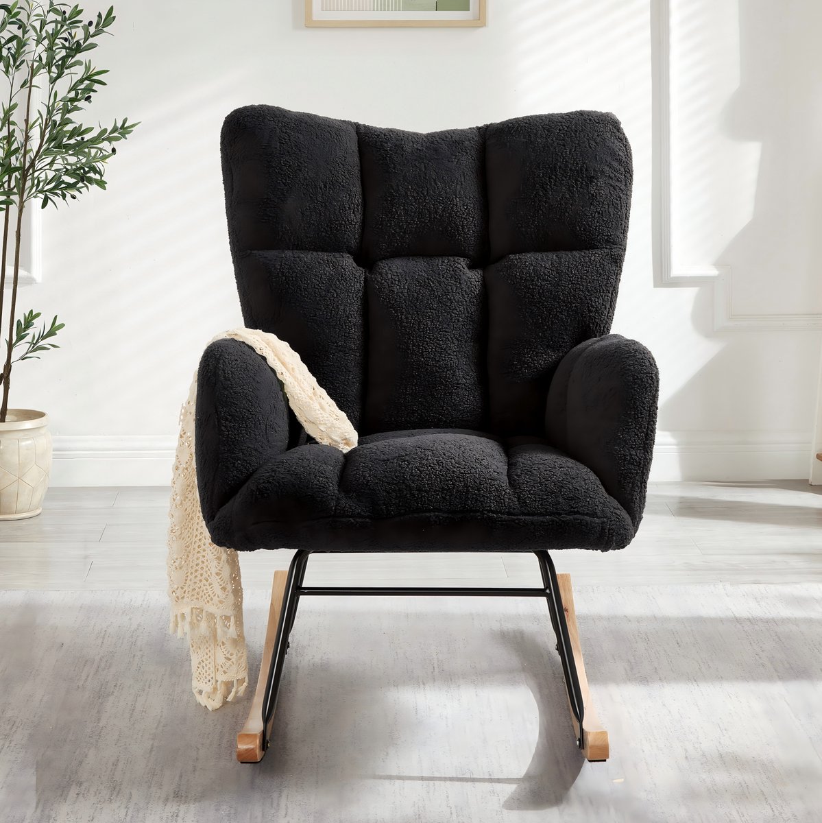 FloraGrace Schommelstoel 69 x 89 x 101 cm - Comfortabele Relaxfauteuil Met Armleuningen - Voor Woonkamer, Slaapkamer En Leeshoek - Hout En Metaal - Donkergrijs