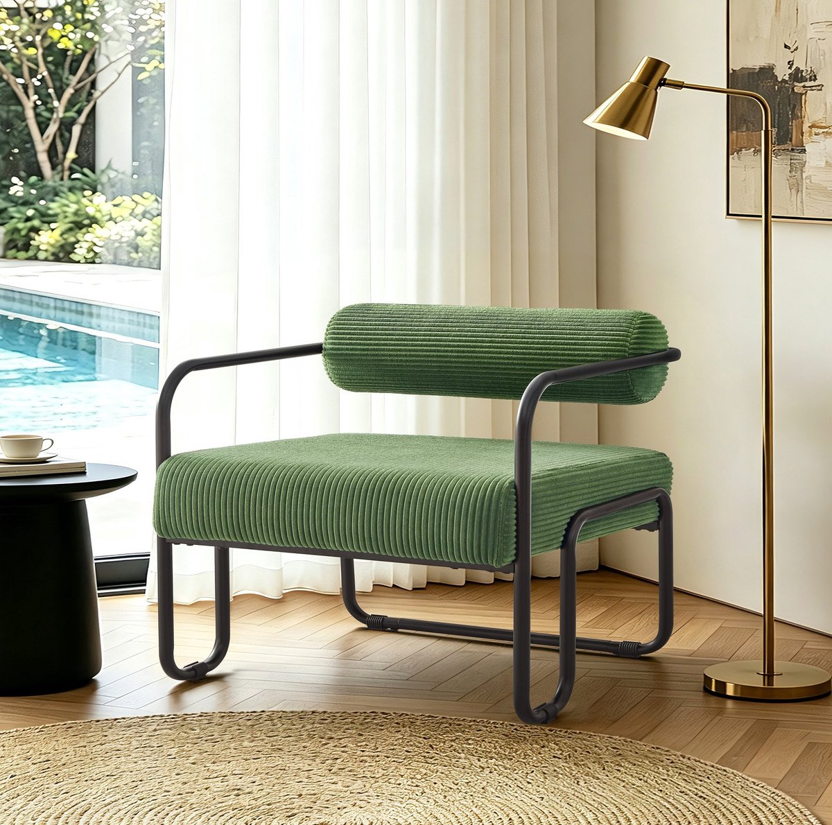 FloraGrace Fauteuil 68,5 x 73 x 70,5 cm - Groene Corduroy Relaxstoel met Armleuningen - Industrieel Design voor Woonkamer of Bureau - Metaal