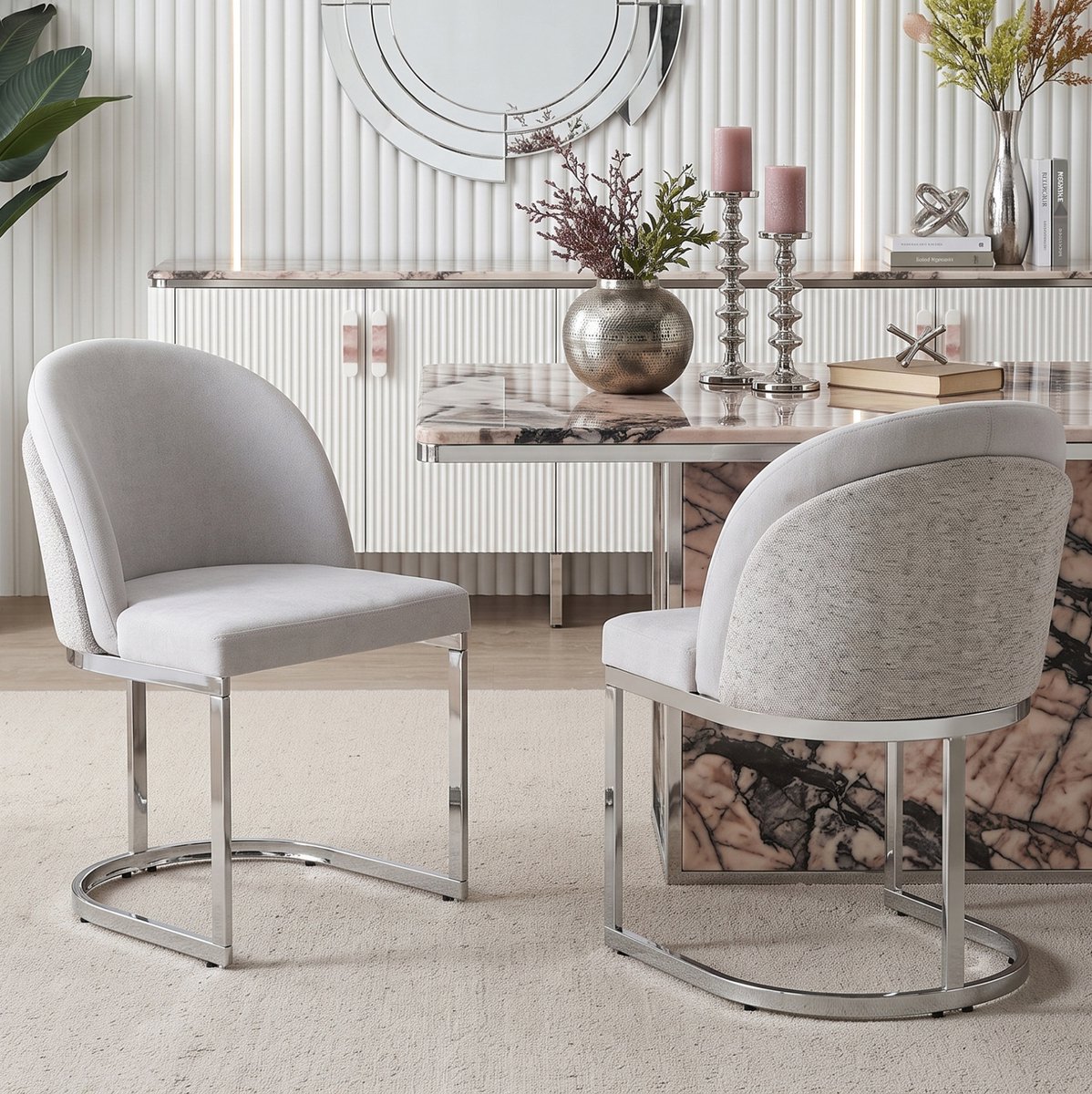 OKWISH Eetkamerstoel - Dubbele Rugleuning En Zachte Chenille - Set Van 2 - Modern Voor Eetkamer, Woonkamer Of Cafe - Metaal - Grijs Zilver