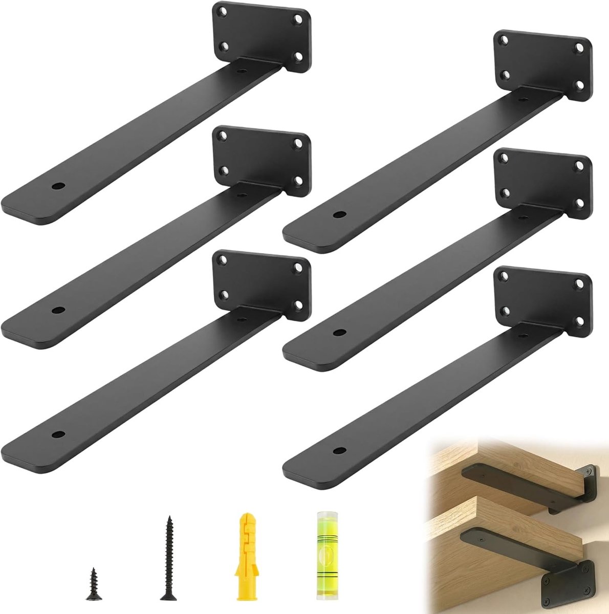 Stevige Hoekplanken Beugels voor Zwevende Planken - 6 Stuks, 20 cm, 70 kg Draagvermogen, Zwart