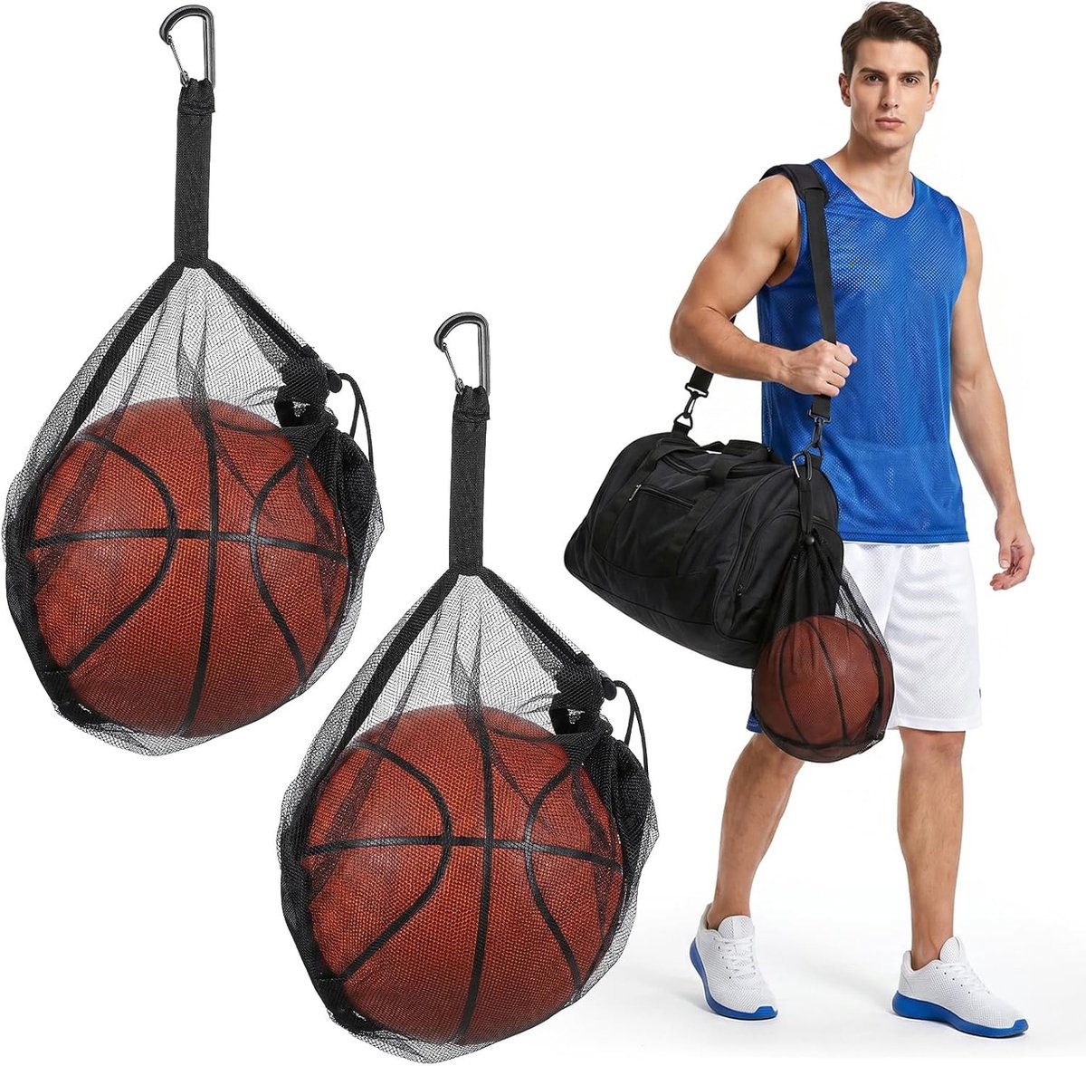 Enkele Mesh Baltas voor Basketbal, Voetbal en Volleybal - 35x30 cm Netto Tas met Trekkoord en Ophangclip voor Sporters