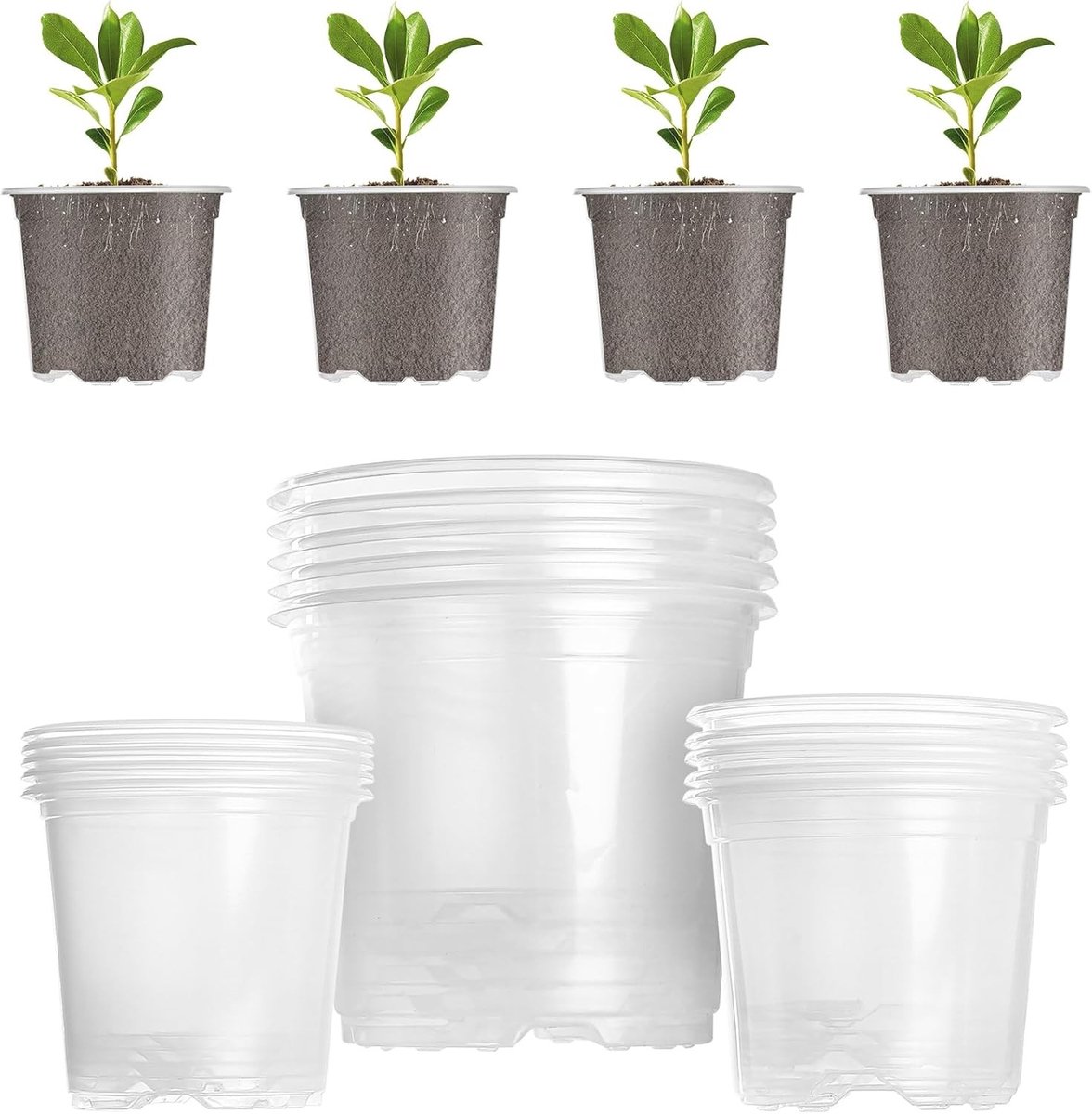 SnelShoppen - 15 Kweekpotten voor Planten, Transparante Bloempotten 9/10/13 cm met Onderzetter, Perfect voor Orchideeën en Tuinplanten, Kunststof Plan