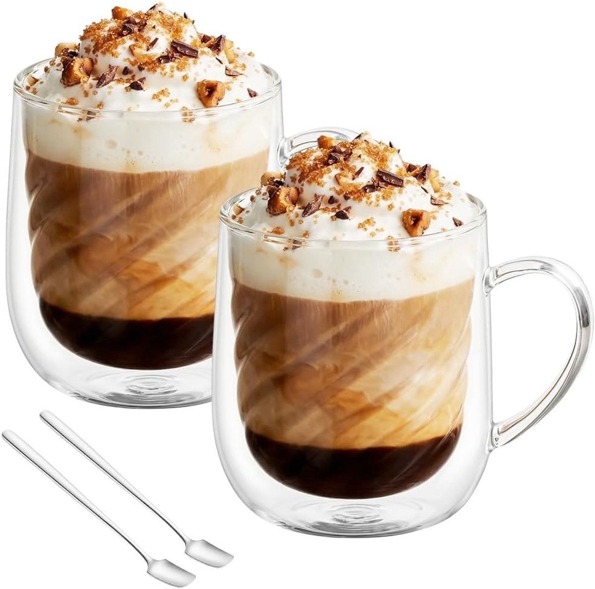 Dubbelwandige koffieglazen set van 2, 350 ml borosilicaat, hittebestendig met handgrepen en lepels voor cappuccino en latte