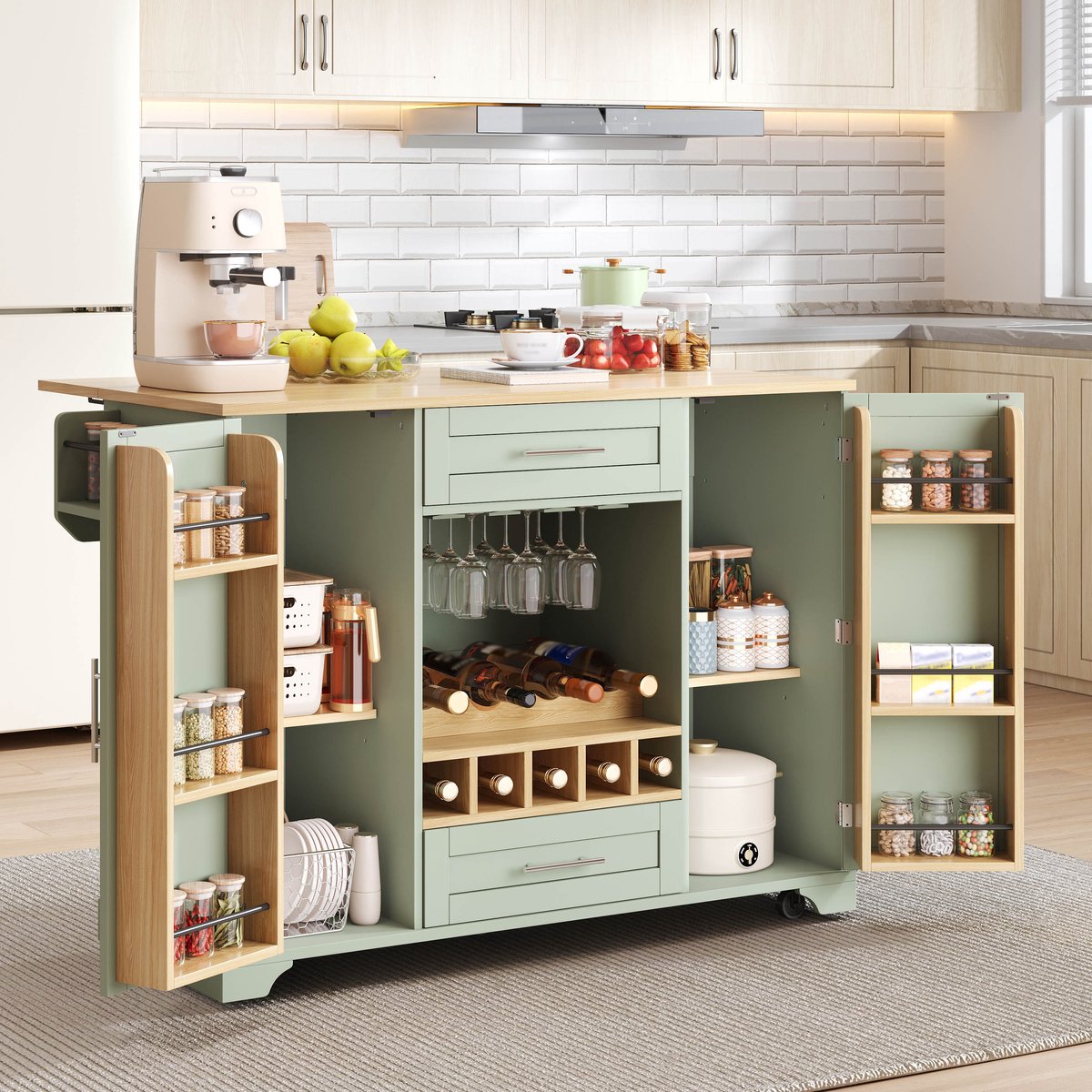 MODFU - Keukenwagen - Klapbaar Werkblad - Op Rollen - Antiek Groen - MDF - 138 X 70 X 92 Cm