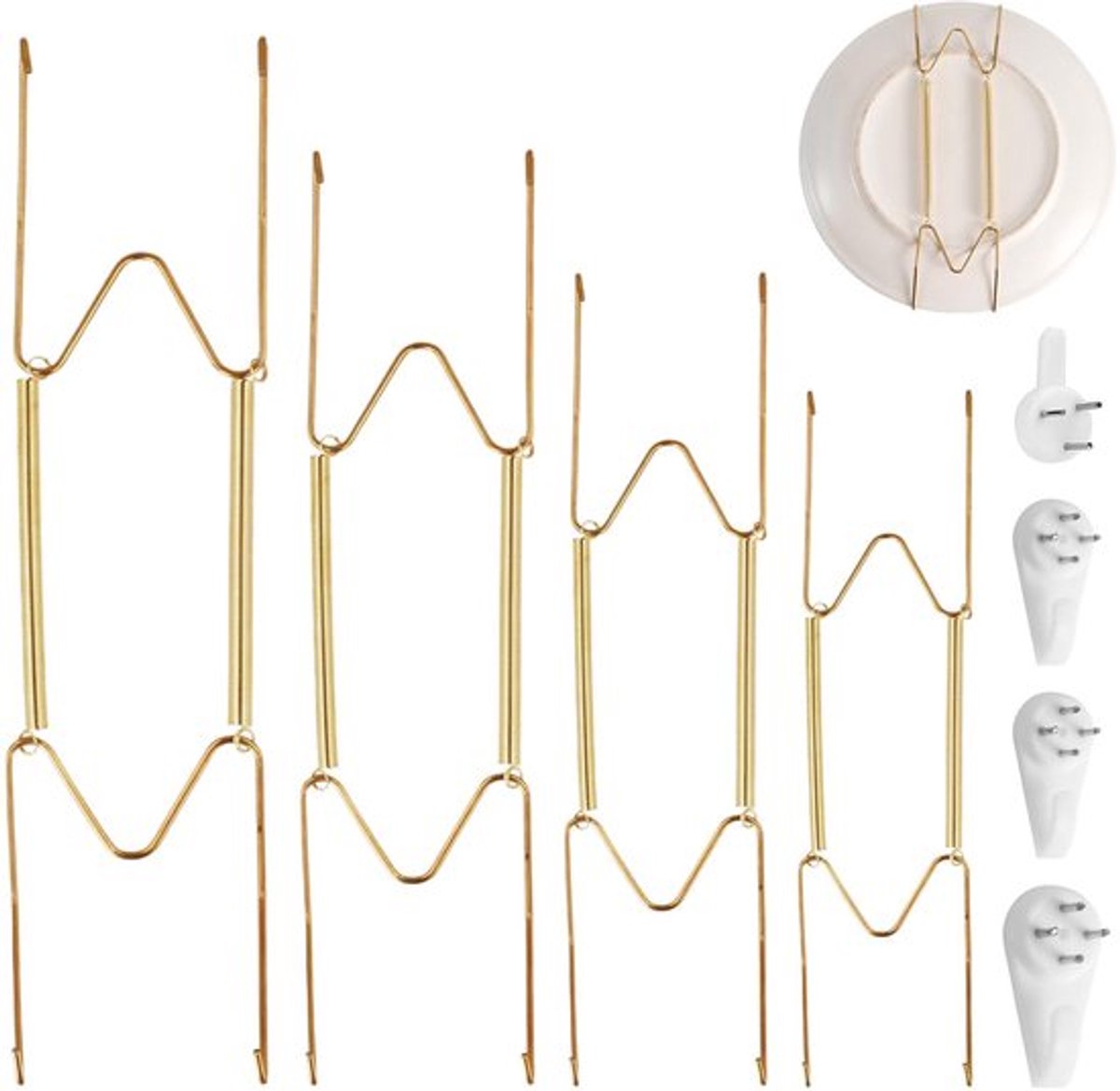 4 stuks wandbordhangers, 15,24/20,32/25,4/31 cm, wandhouder voor borden van roestvrij staal met W-vormige haken, wandmontage voor decoratieve borden, antieke kunst (goud)