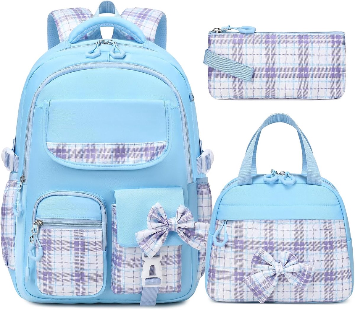 Schoolrugzak Voor Meisjes - Schots Gestreept Schattig Ontwerp - Inclusief Geïsoleerde Lunchtas en Pennenzak - Voor Basisschool, Middelbare School en Tienermeisjes - Blauw