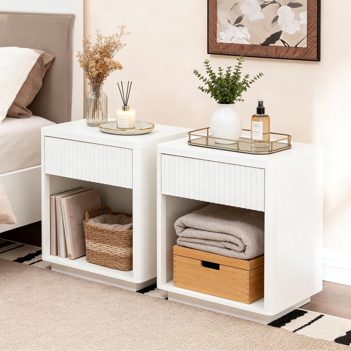 MODFU-Bedtafel-Modern-Lade-En-Open Vak-Wit-MDF-Set Van 2