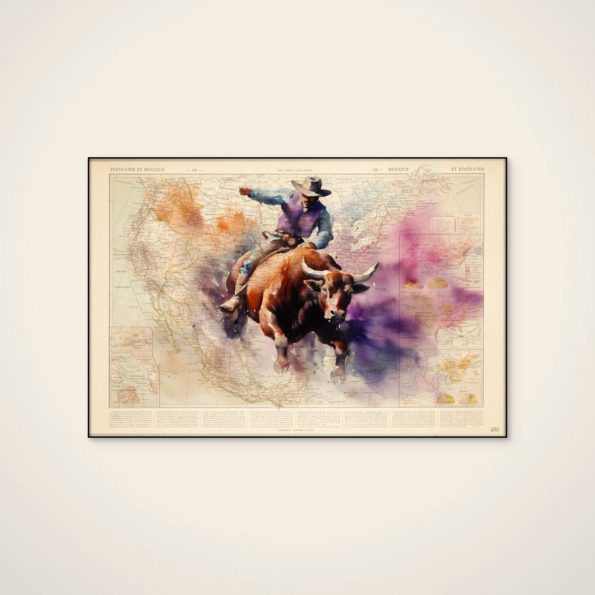 Akoestisch schilderij - 90 x 60 cm - Wild West Map Ride van thomas chedeville - Abstracte wanddecoratie - zwart textielframe