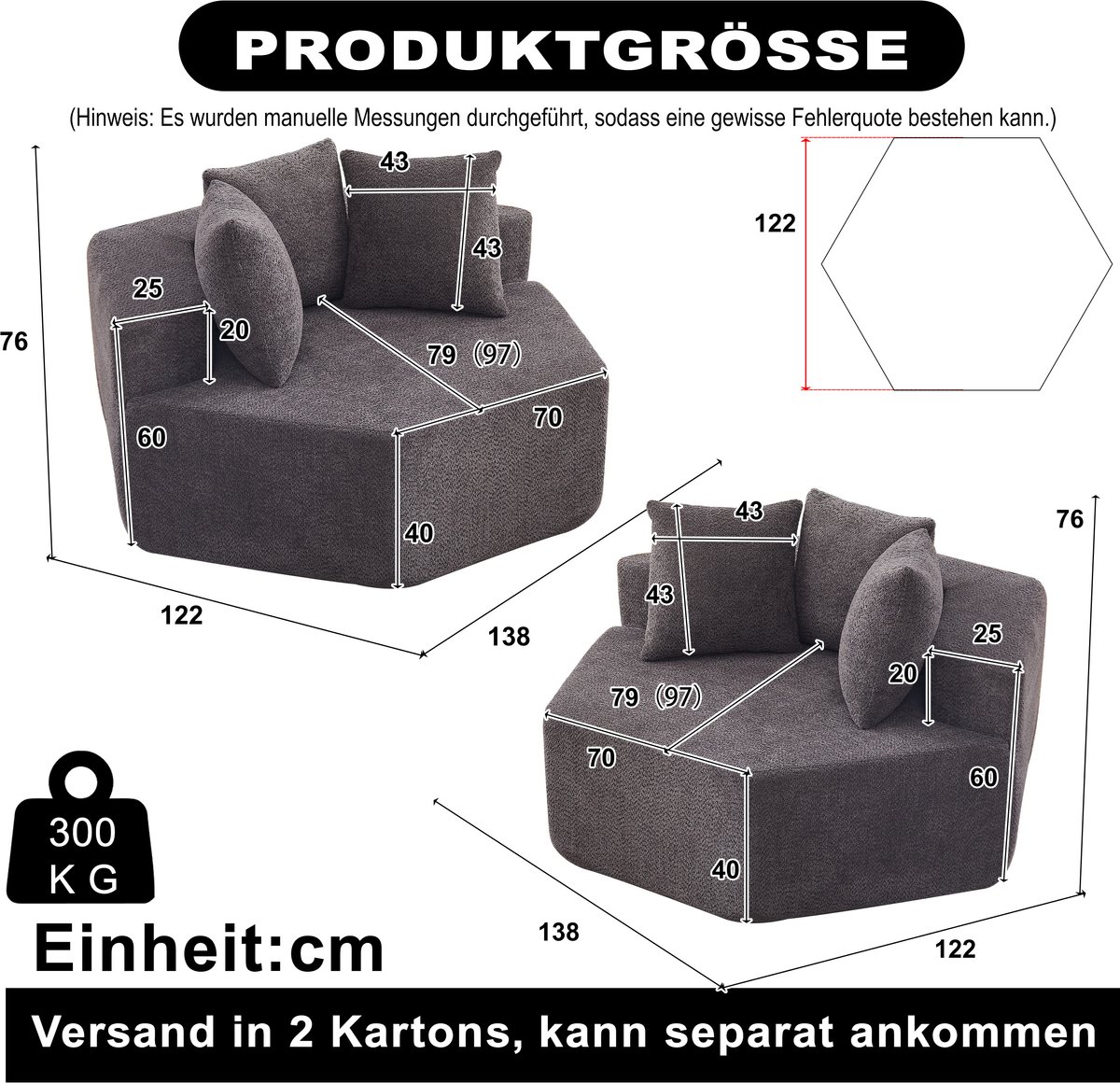 HAUSS SPOLE Fauteuil - Modulaire Hexagonale Loungestoel - Met 3 Kussens En Armleuningen - Voor Woonkamer En Lounge - Chenille Grijs