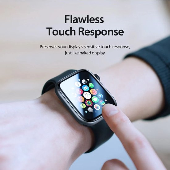 Een hand raakt een blauwe Apple Watch aan, waarop een screenprotector is geplaatst. De tekst 'Flawless Touch Response' staat linksvoor.