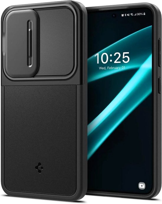 Zwarte telefoonhoes met cameralens schuifje, naast een telefoon met een groene, blauwe en zwarte achtergrond.