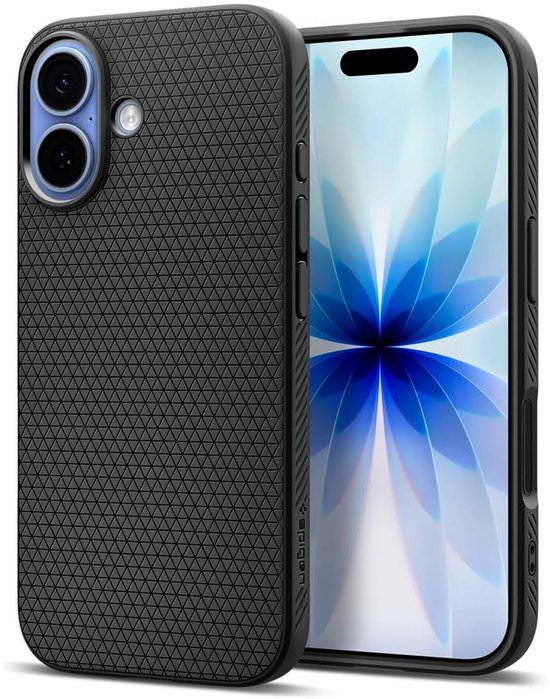 Zwart Spigen Liquid Air hoesje met ruitpatroon, naast een iPhone met een bloemenachtergrond. Het hoesje is ontworpen voor de iPhone 17.