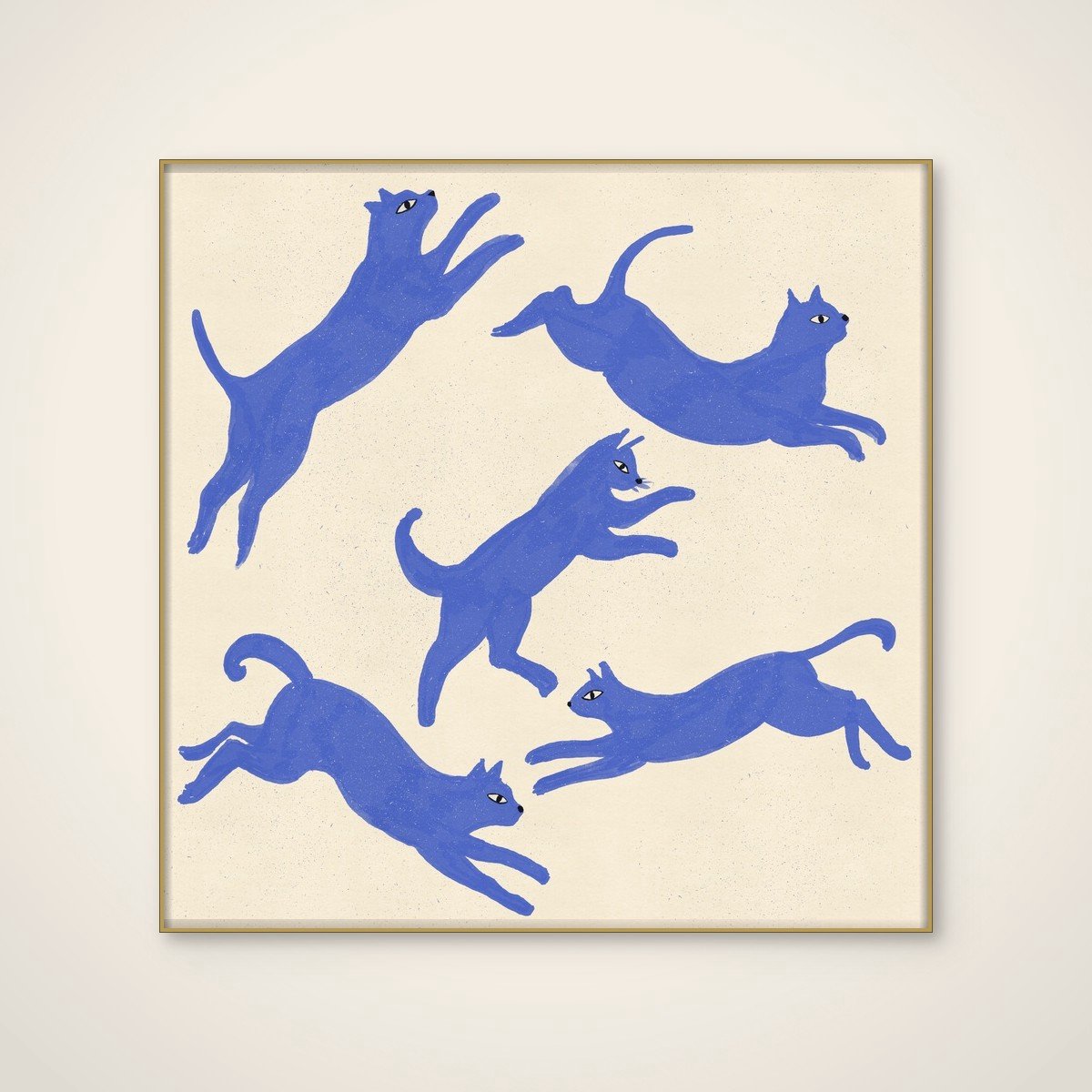 Akoestisch schilderij - 100 x 100 cm - Playful Blue Cats van Nicholas - Dieren wanddecoratie - goud textielframe