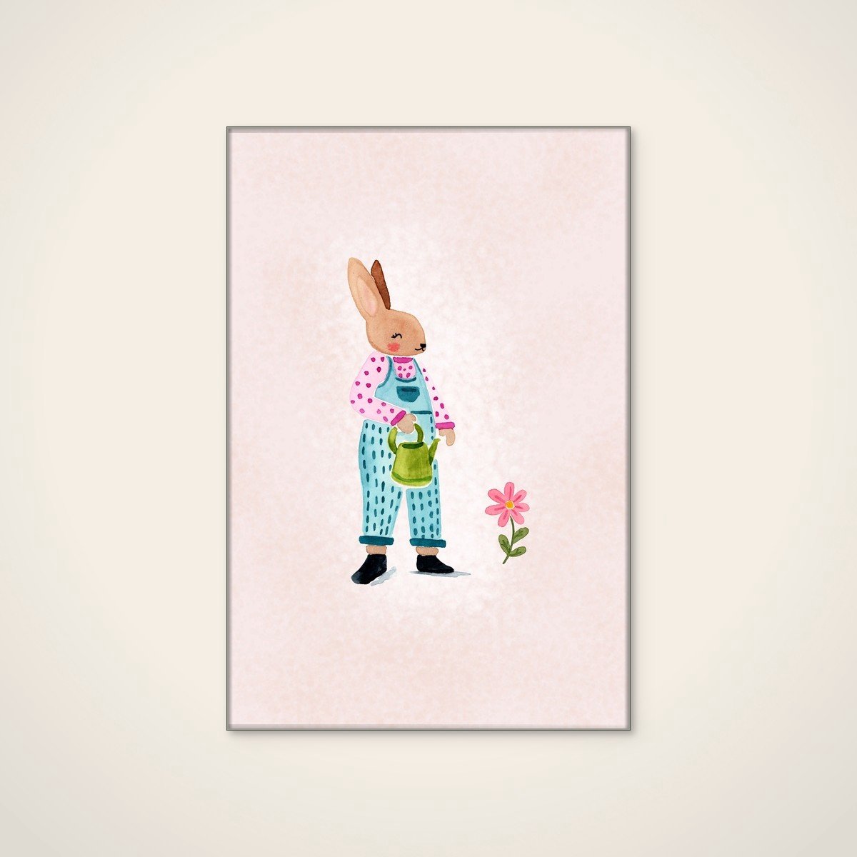 Akoestisch schilderij - 60 x 90 cm - Sweet Bunny Gardener van Abigail Morales - Abstracte wanddecoratie - zilver textielframe