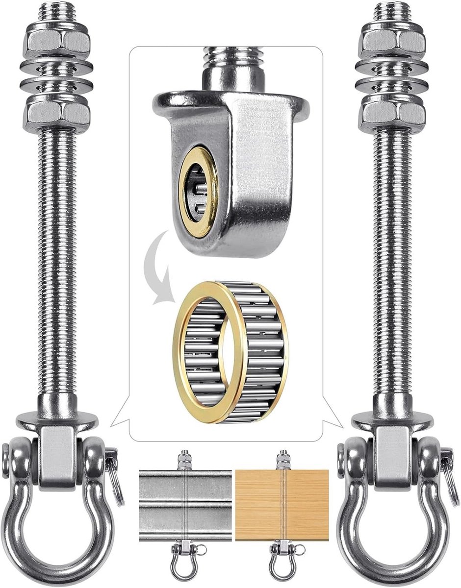 2 Swing Haken met Lager, 175 mm, Voor Hangmat en Stoelen, M10, Zware Lasten, Bevestiging aan Houten Balken en Betonnen Plafond, RVS, Ideaal voor Hangende Zakken en Ooghaken