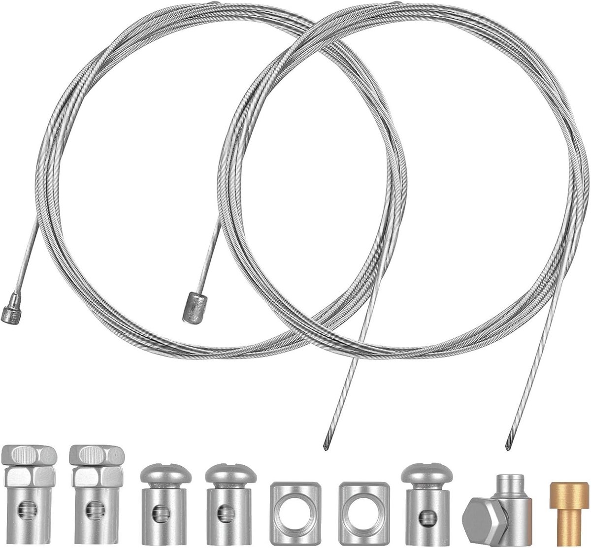 Set van 2 stuks 2 meter Bowden kabels voor fiets en motor, universele reparatieset voor versnellingen, gas- en remkabels, geschikt voor bromfiets en moped met 9 kabelnippels