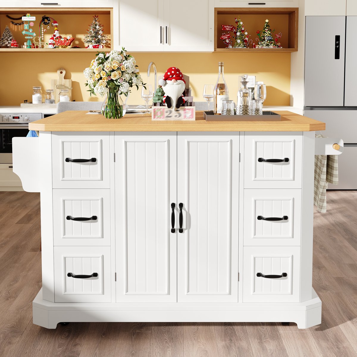 COVREO keukenkast 120 x 45(75) x 91 cm - verrijdbaar, 2 deuren, 6 lades, wit