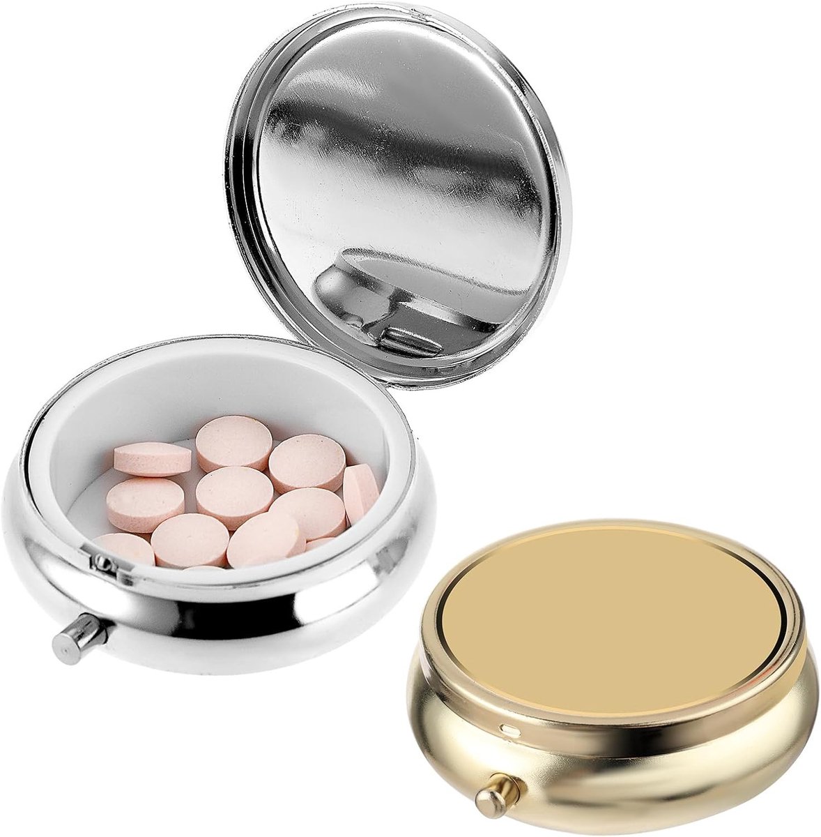 Kleine pillendoos voor in portemonnee of tas, 2 stuks, draagbare en schattige pillencontainer, metalen organizer voor medicijnen, vitamines en supplementen