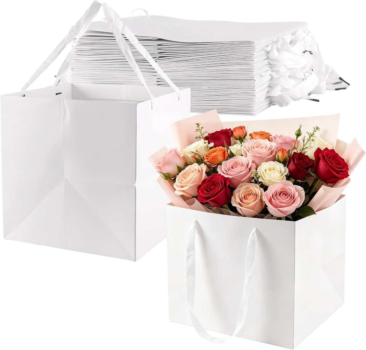 Grote witte geschenkzakken van kraftpapier, 30 x 30 x 30 cm, 20 stuks met handgrepen voor feestartikelen, Kerstmis, verjaardag en bruiloften