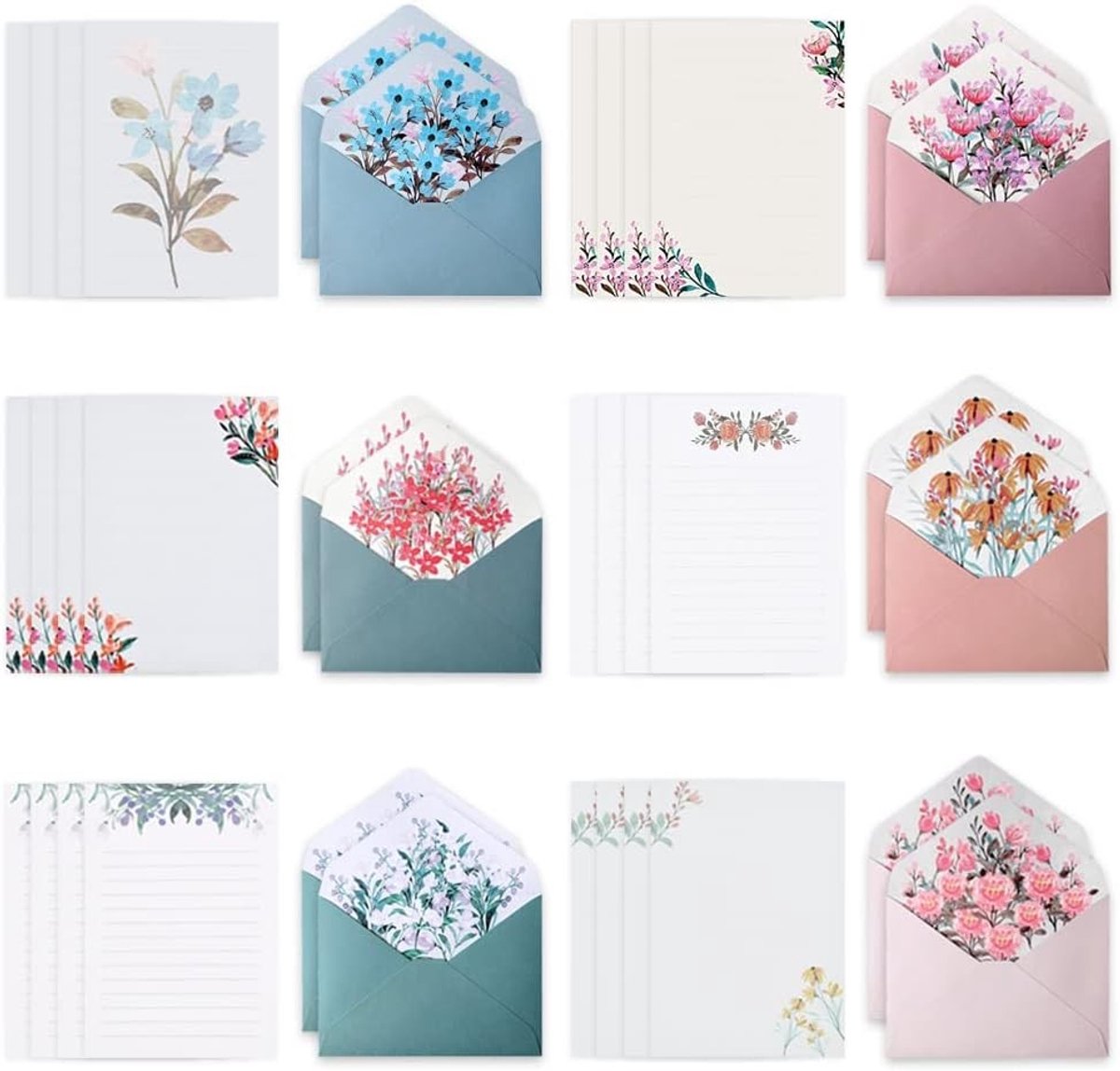 24 Vellen Schrijfpapier met 12 Enveloppen - Bloemen en Natuur Design voor Kantoor en Creatief Gebruik